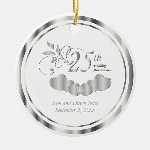 Elegant 25Th Silver Wedding Anniversary Ceramic Ornament