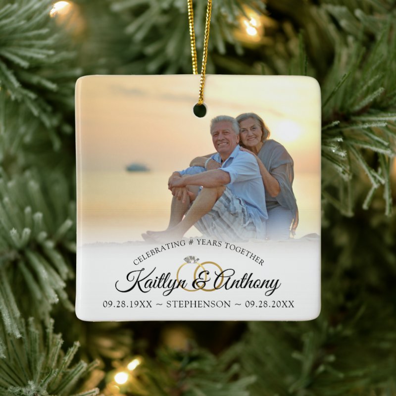 Elegant Anniversary 2 Photo Calligraphy Script Ceramic Ornament