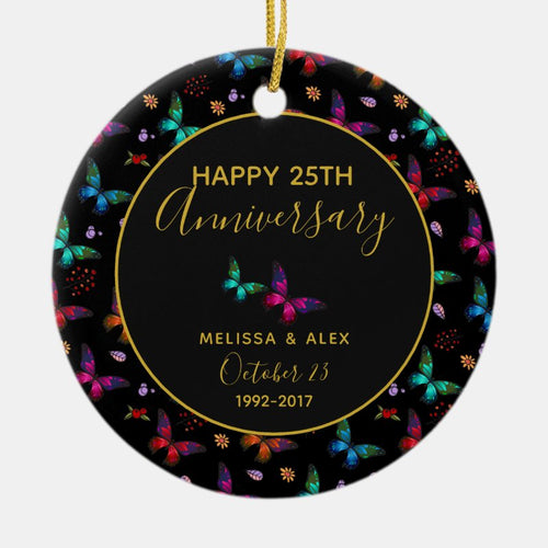 Elegant Colorful Butterflies On Black Anniversary Ceramic Ornament