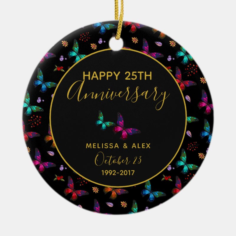 Elegant Colorful Butterflies On Black Anniversary Ceramic Ornament