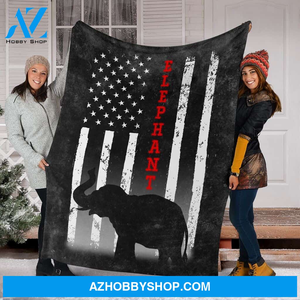 Elephant American Flag Black Fleece Blanket
