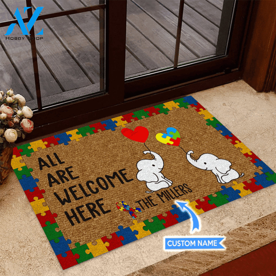 Elephant Autism All Are Welcome Here Custom Doormat | Welcome Mat | House Warming Gift