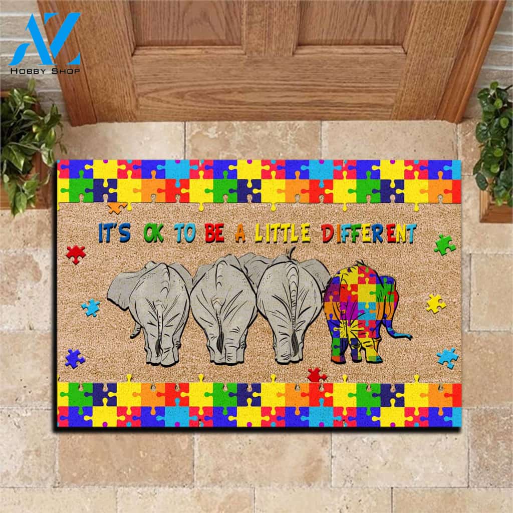 Elephant Autism Awareness - It's Ok To Be A Little Different Welcome Mat House Warming Gift Home Decor Gift for Elephant Lovers Funny Doormat Gift Idea