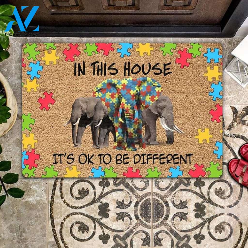 Elephant Autism Awareness - In This House It's Ok To be Different Doormat Housewarming Gift Home Living Home Decor Funny Doormat Gift Idea