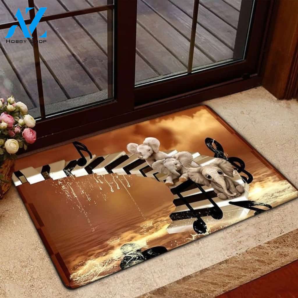Elephants Playing Piano Water Wild Animal Instrument Indoor and Outdoor Doormat Warm House Gift Welcome Mat Gift for Friend Family