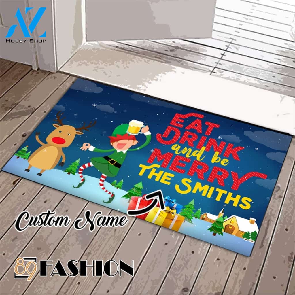 ELF Eat Drink And Be Merry Christmas Personalized Doormat