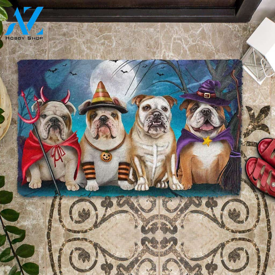 English Bulldog Halloween Doormat Indoor and Outdoor Doormat Warm House Gift Welcome Mat, Gift For Friend Family, Gift For Halloween Day