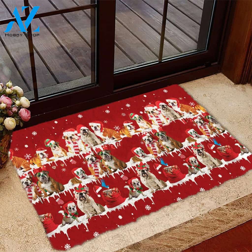 English Bulldog Snow Merry Christmas Doormat