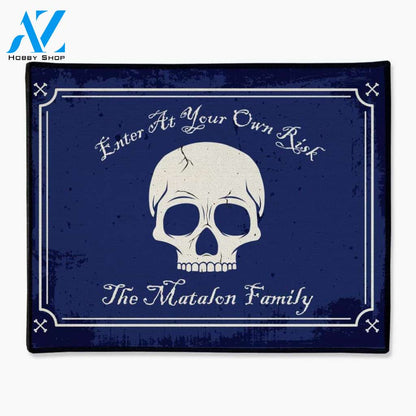 Enter At Your Own Risk Personalized Halloween Skull Doormat