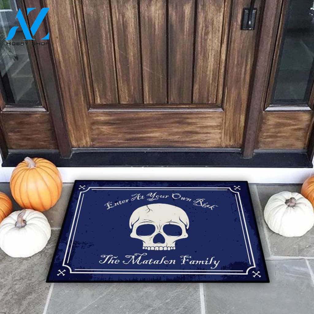 Enter At Your Own Risk Personalized Halloween Skull Doormat