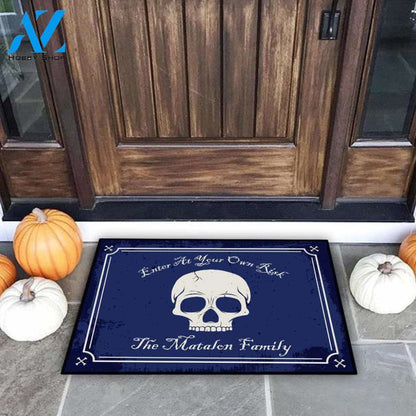 Enter At Your Own Risk Personalized Halloween Skull Doormat