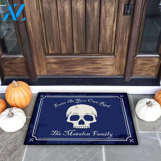 Enter At Your Own Risk Personalized Halloween Skull Doormat