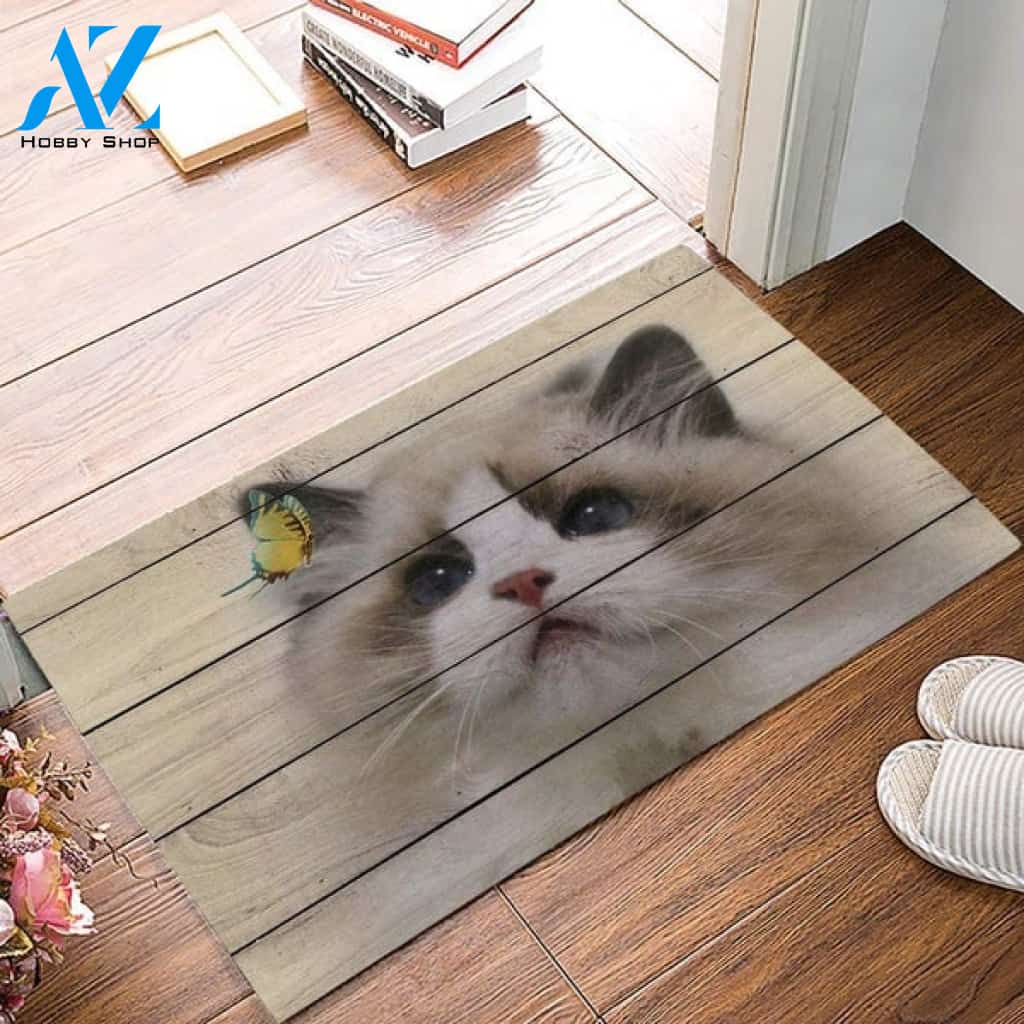 Entrance Rugs Cat and Butterfly Rustic Wooden Board Entryway Indoor and Outdoor Doormat Welcome Mat Housewarming Gift Home Decor Funny Doormat Gift for Family