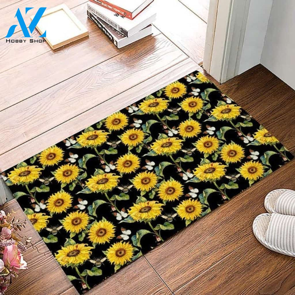 Entrance Rugs Sunflower Bee Butterfly Black Entryway Indoor and Outdoor Doormat Welcome Mat Housewarming Gift Home Decor Funny Doormat Gift for Family