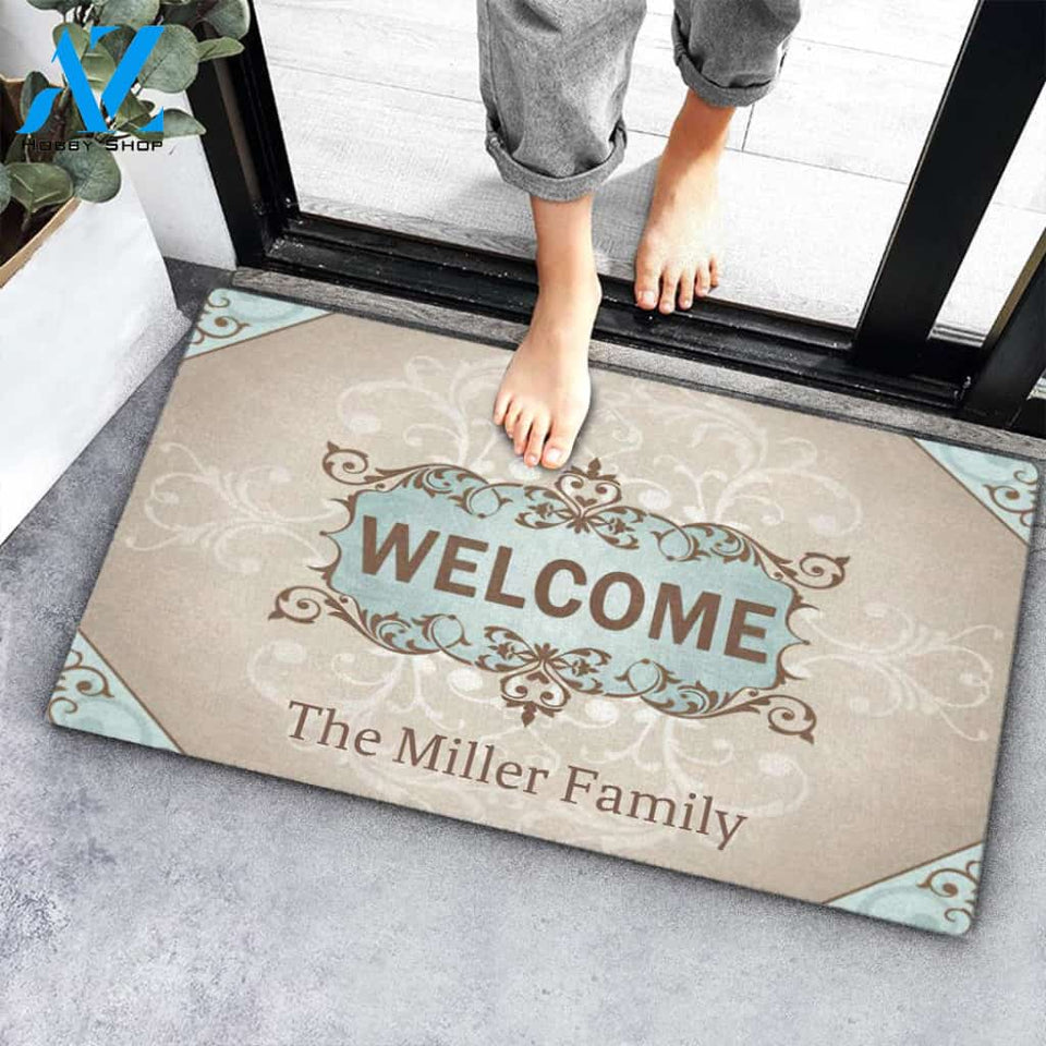 Euro Welcome Pattern Family Name Custom Doormat Personalized Doormat Housewarming Gift Custom Welcome Mat
