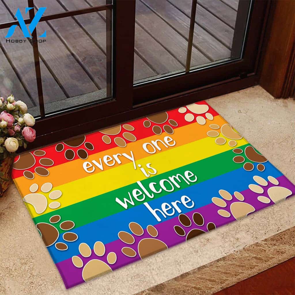 Every One Is Welcome Here Paw Dog Rainbow Indoor And Outdoor Doormat Gift For Friend Family Decor Warm House Gift Welcome Mat