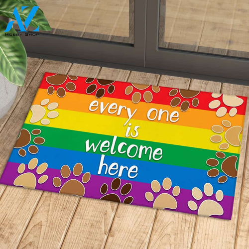 Every One Is Welcome Here Paw Dog Rainbow Indoor And Outdoor Doormat Gift For Friend Family Decor Warm House Gift Welcome Mat