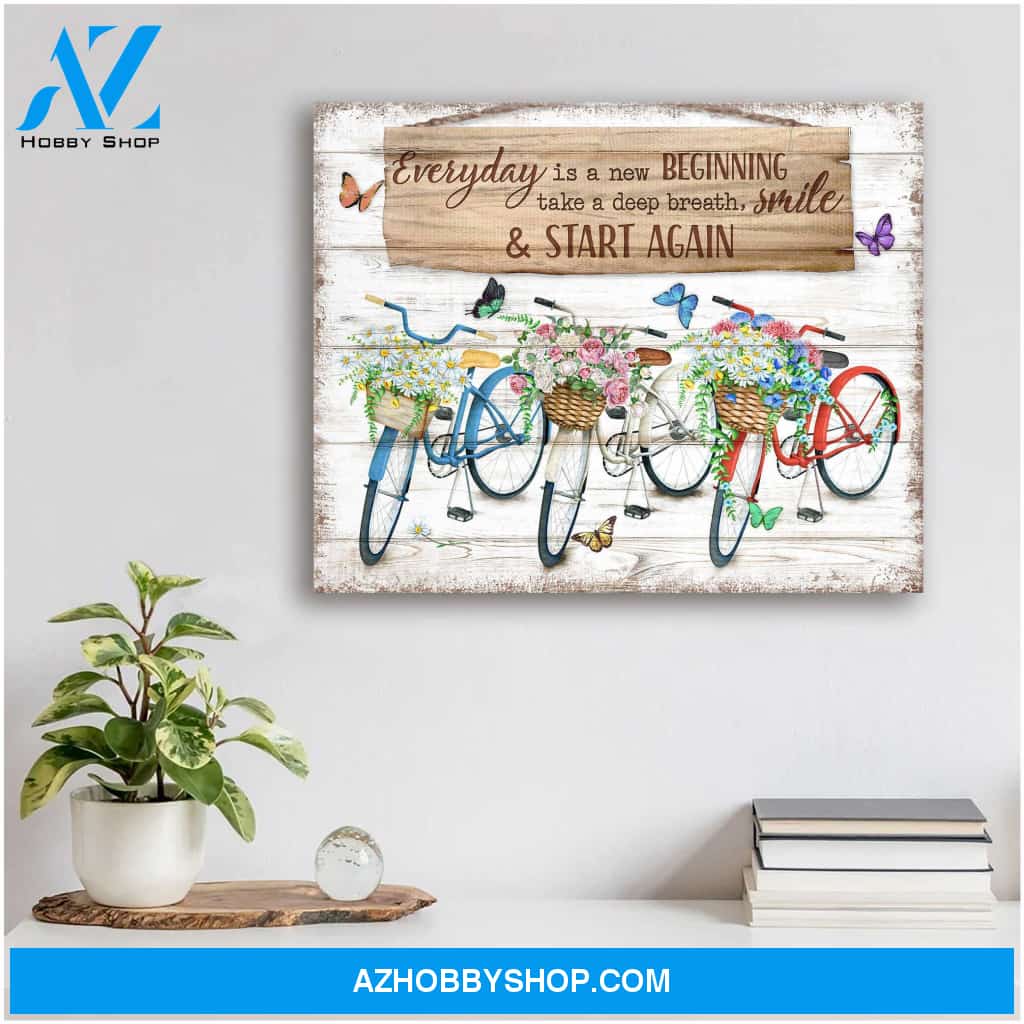 Everyday is a new beginning Bicycle and Butterflies Canvas Wall Art Decor