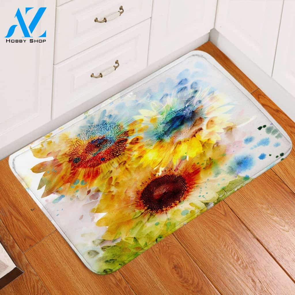 Fading Sunflowers On White Printed Doormat Home Decor