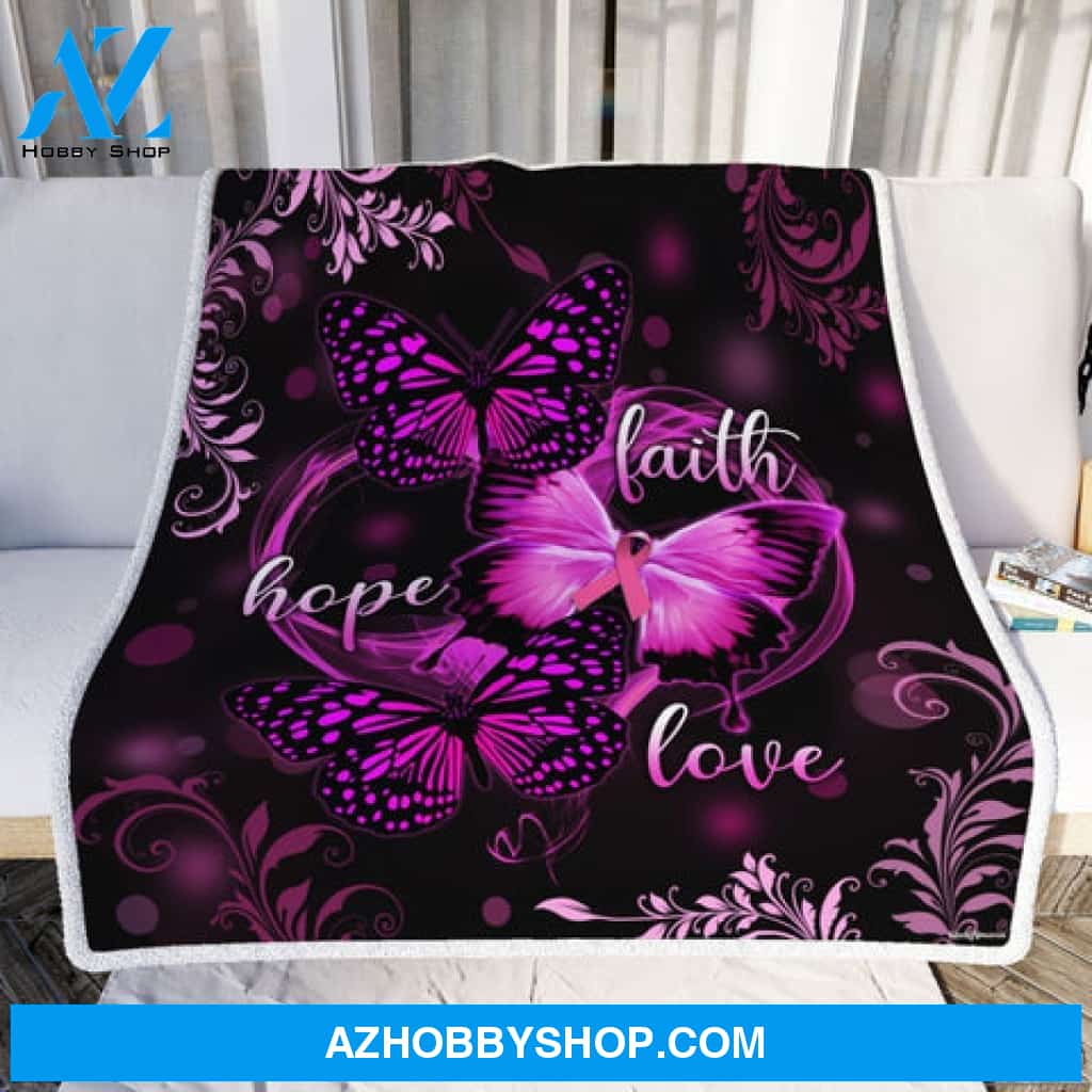 Faith Hope Love Breast Cancer Awareness Butterfly Blanket Gift For Her Women Female Friend 