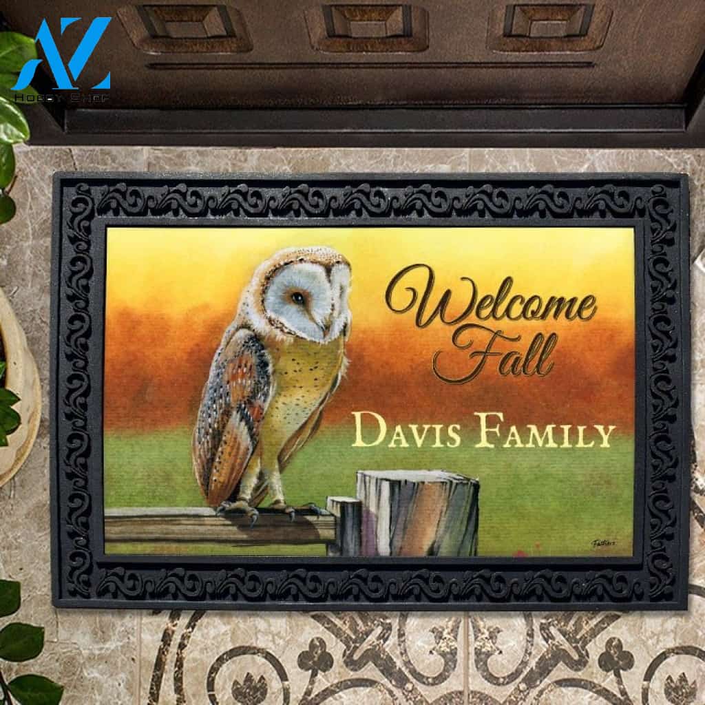 Fall Owl on Fence Personalized Doormat - 18" x 30"