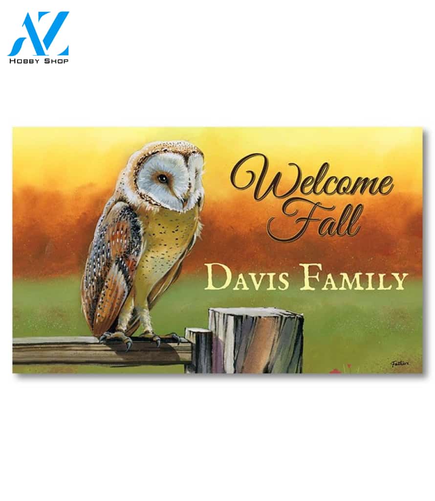 Fall Owl on Fence Personalized Doormat - 18" x 30"