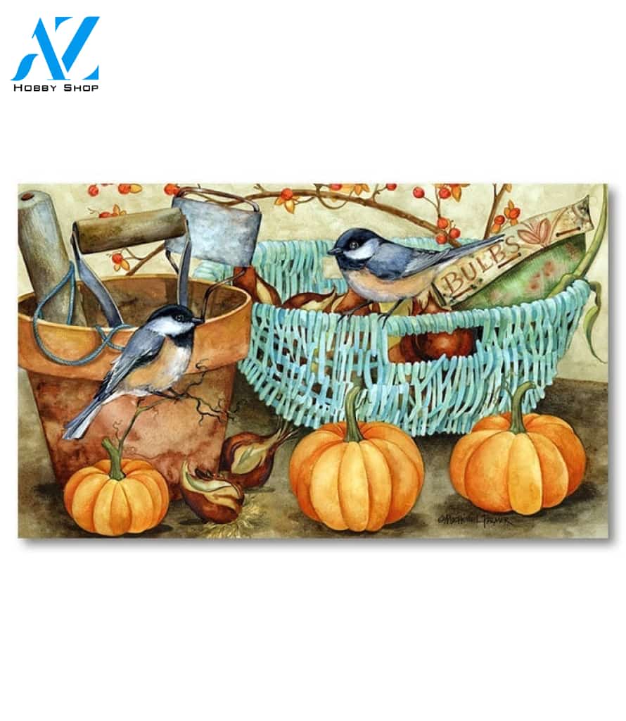 Fall Pumpkin Chickadees Doormat - 18" x 30"
