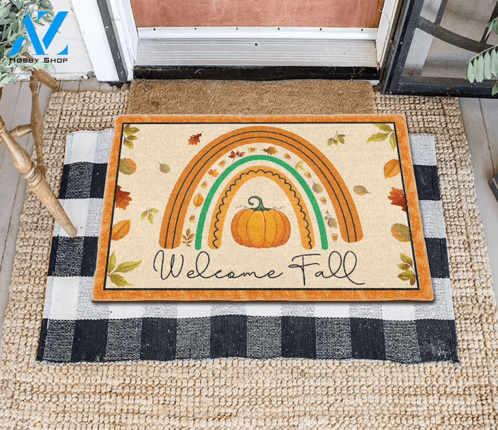 Fall Rainbow Doormat, Welcome Fall Doormat, Fall Doormat, Pumpkin Doormat, Thanksgiving Doormat, Gift For Friend Family