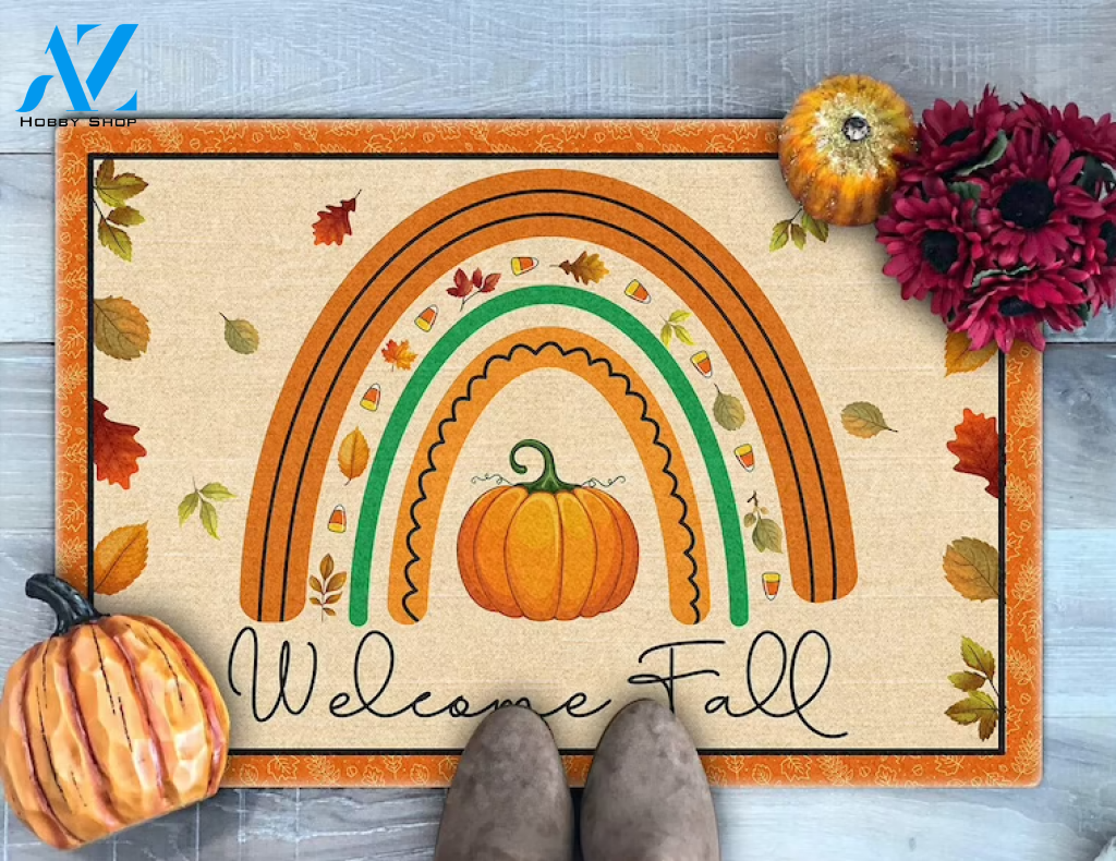 Fall Rainbow Doormat, Welcome Fall Doormat, Fall Doormat, Pumpkin Doormat, Thanksgiving Doormat, Gift For Friend Family