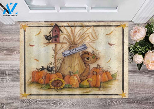 Fall Thanksgiving Retro Autumn Pumpkin Sunflower Bear Doormat Welcome Mat Housewarming Home Decor Funny Doormat Gift Idea
