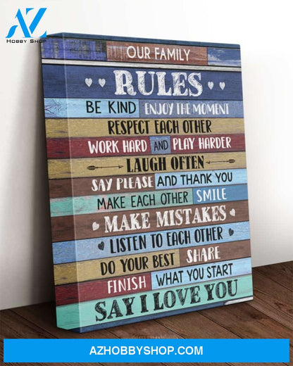 Family Canvas Our Family Rules Be Kind Enjoy The Moment Blue Vintage Canvas Wall Art Fulfill CANPO15 Deluxe Portrait Canvas 1.5in Frame