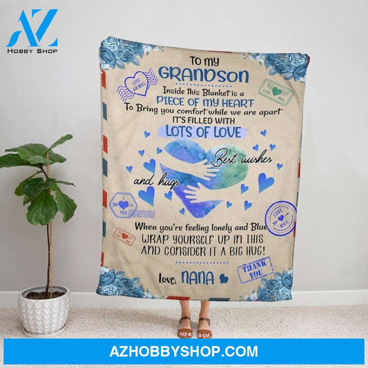 Personalized Blanket, Family Letter To My Grandson Inside This Blanket Is A Piece Of My Heart Lots Of Love Love Mail Fleece Blanket
