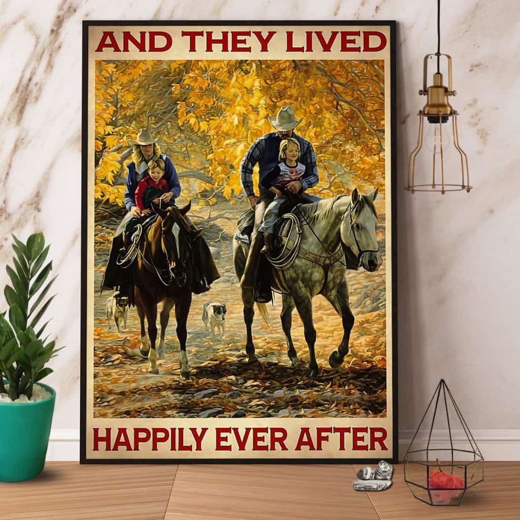 Family Riding Horse And They Lived Happily Ever After Paper Poster No Frame Matte Canvas Wall Decor