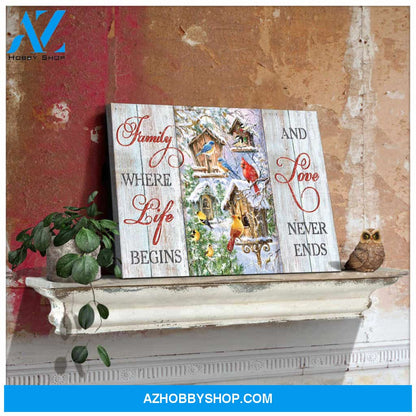Farm Farmhouse Cardinal and Blue Birds Family where life begins and love never ends Canvas Wall Art Decor
