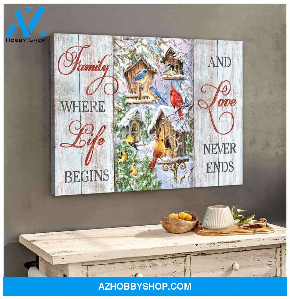 Farm Farmhouse Cardinal and Blue Birds Family where life begins and love never ends Canvas Wall Art Decor
