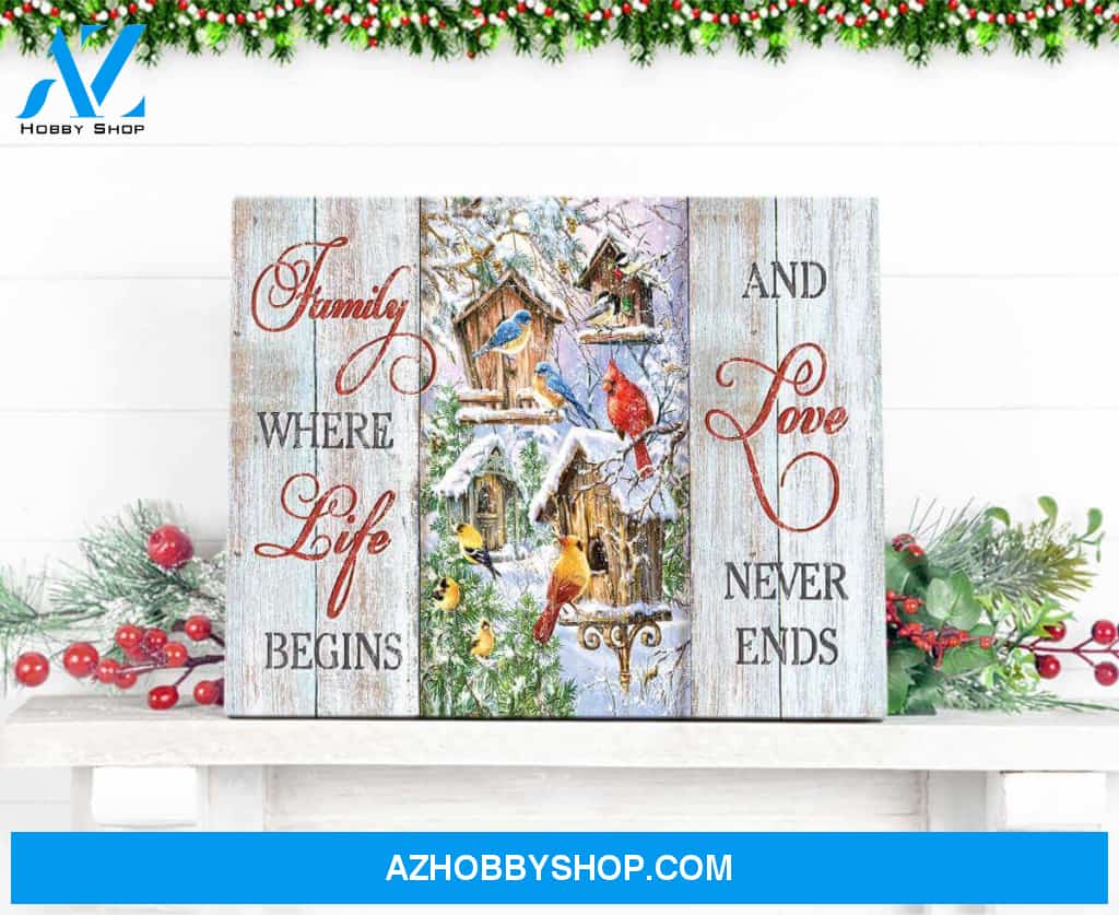 Farm Farmhouse Cardinal and Blue Birds Family where life begins and love never ends Canvas Wall Art Decor