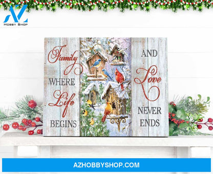 Farm Farmhouse Cardinal and Blue Birds Family where life begins and love never ends Canvas Wall Art Decor