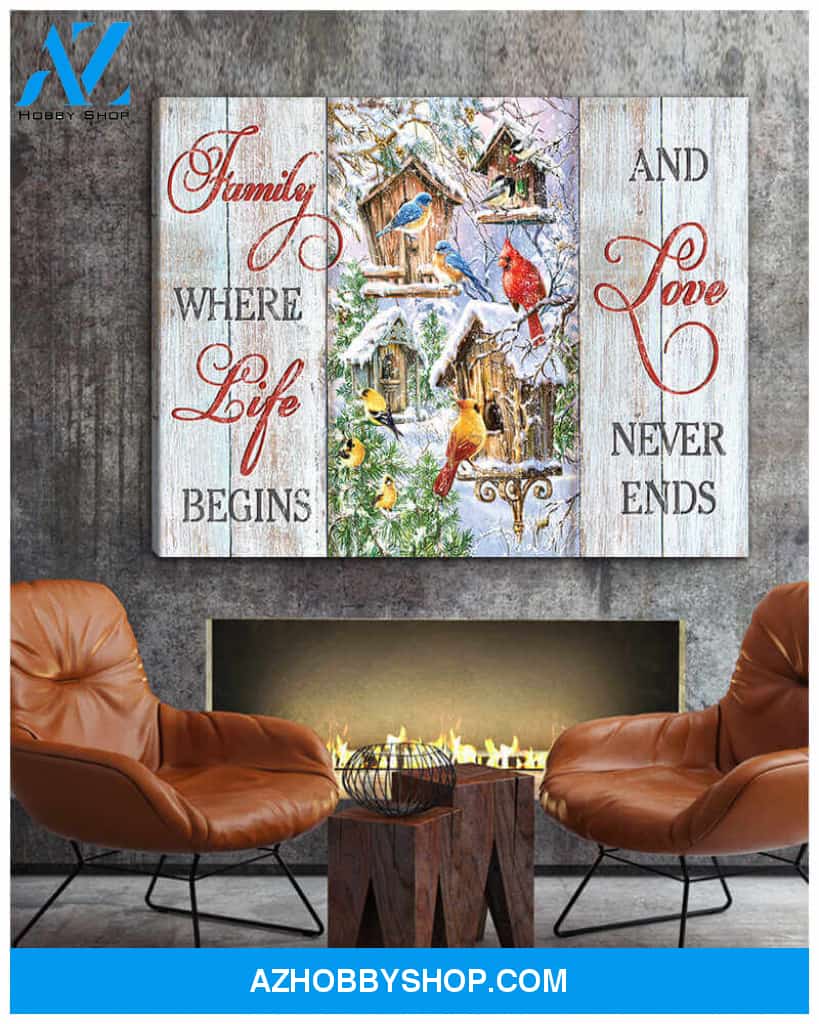Farm Farmhouse Cardinal and Blue Birds Family where life begins and love never ends Canvas Wall Art Decor