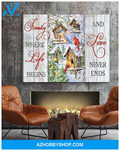 Farm Farmhouse Cardinal and Blue Birds Family where life begins and love never ends Canvas Wall Art Decor