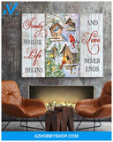 Farm Farmhouse Cardinal and Blue Birds Family where life begins and love never ends Canvas Wall Art Decor