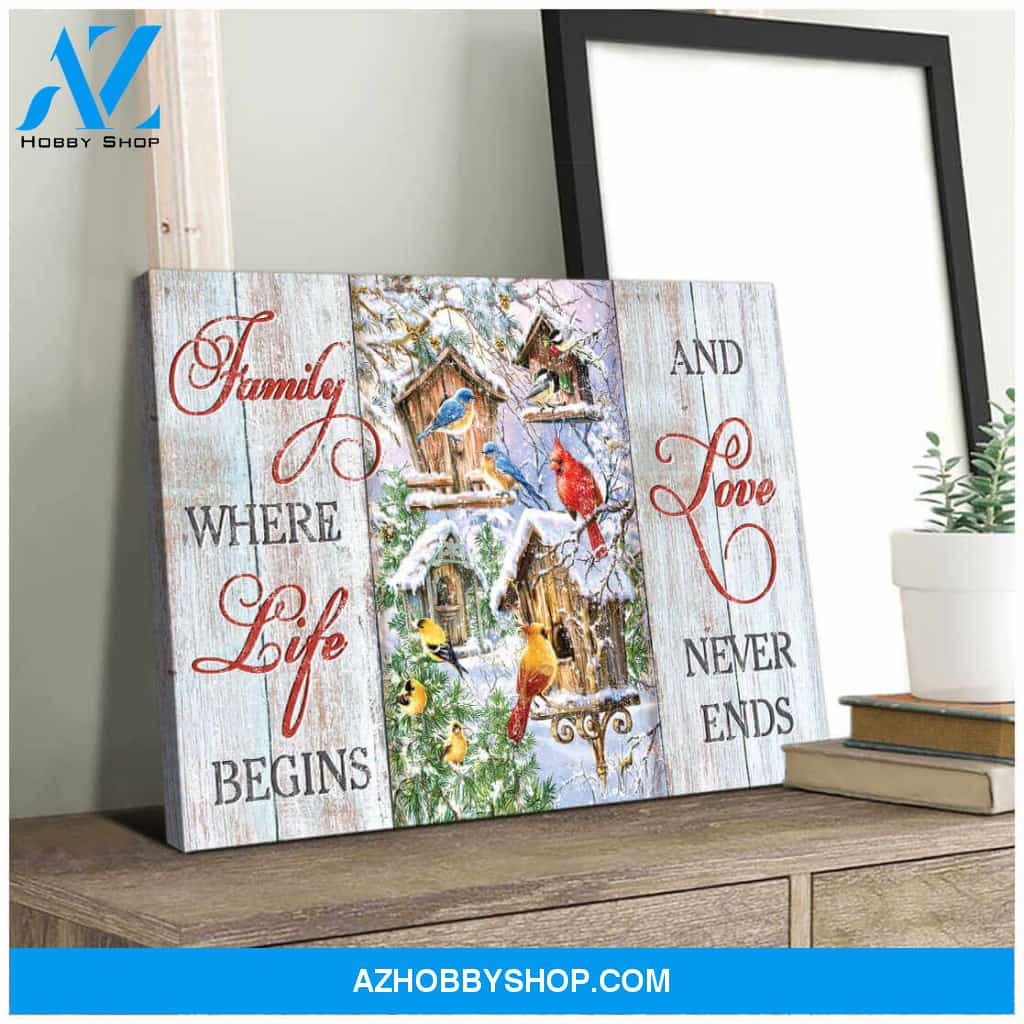 Farm Farmhouse Cardinal and Blue Birds Family where life begins and love never ends Canvas Wall Art Decor