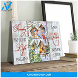 Farm Farmhouse Cardinal and Blue Birds Family where life begins and love never ends Canvas Wall Art Decor