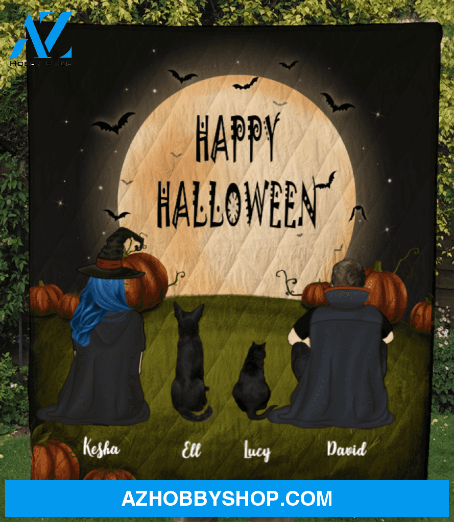 Family With 1 Dog and 1 Cat - Halloween Quilt Blanket, Happy Halloween