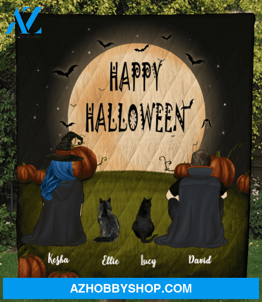 Family With 2 Cats - Halloween Quilt Blanket, Happy Halloween