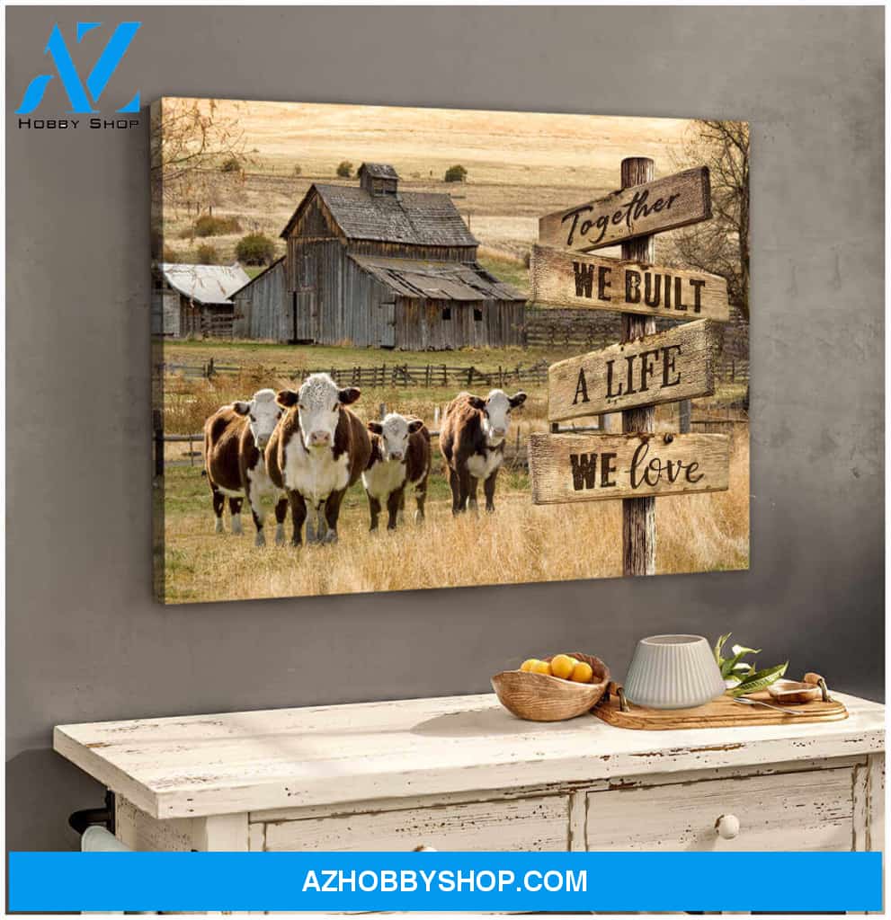 Farm and Hereford Cow Together Canvas Poster Wall Art Prints, Farmhouse Decor