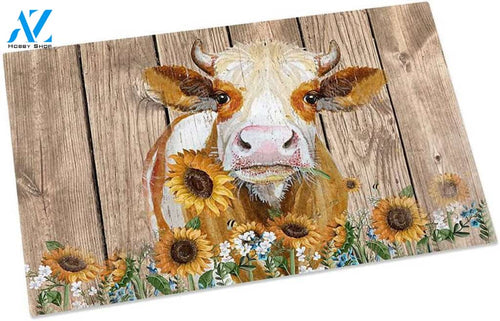 Farm Animal Cattle Cow And Sunflower Front Door Mats Personalized Doormat Rug Housewarming Gift Family Welcome Mat Custom Funny Birthday