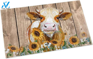 Farm Animal Cattle Cow And Sunflower Front Door Mats Personalized Doormat Rug Housewarming Gift Family Welcome Mat Custom Funny Birthday