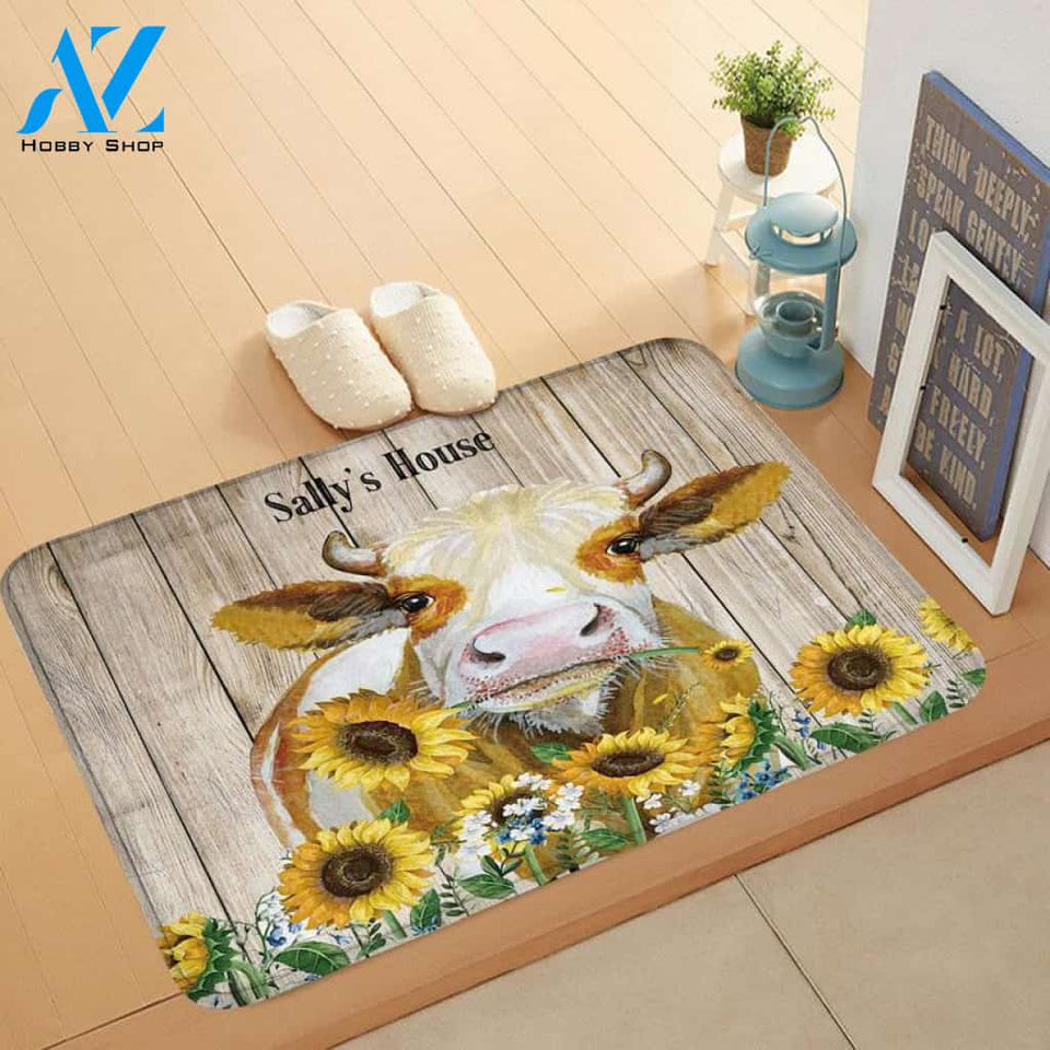 Farm Animal Cattle Cow And Sunflower Front Door Mats Personalized Doormat Rug Housewarming Gift Family Welcome Mat Custom Funny Birthday