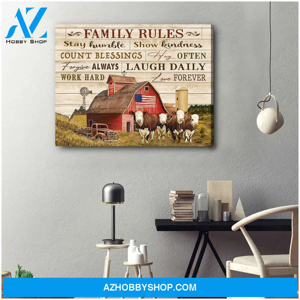 Farm Farmhouse Hereford Cow Family Rules Canvas Wall Art Decor