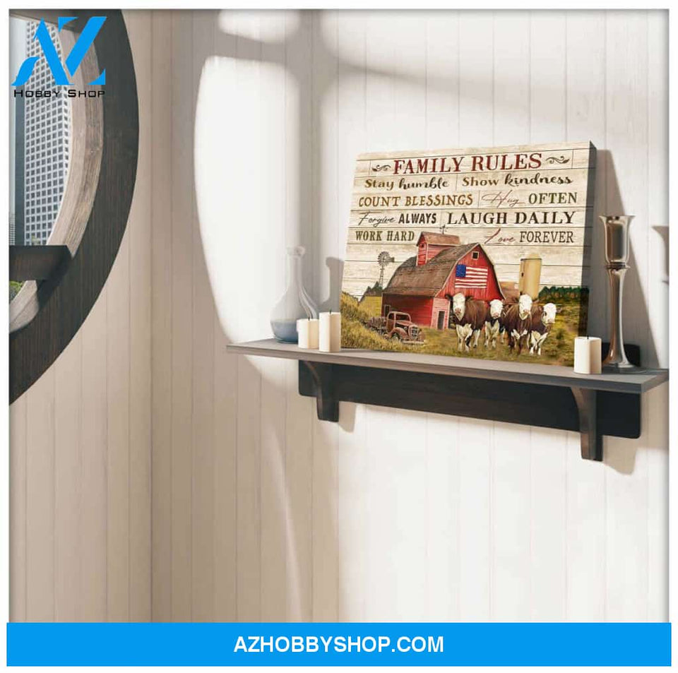 Farm Farmhouse Hereford Cow Family Rules Canvas Wall Art Decor